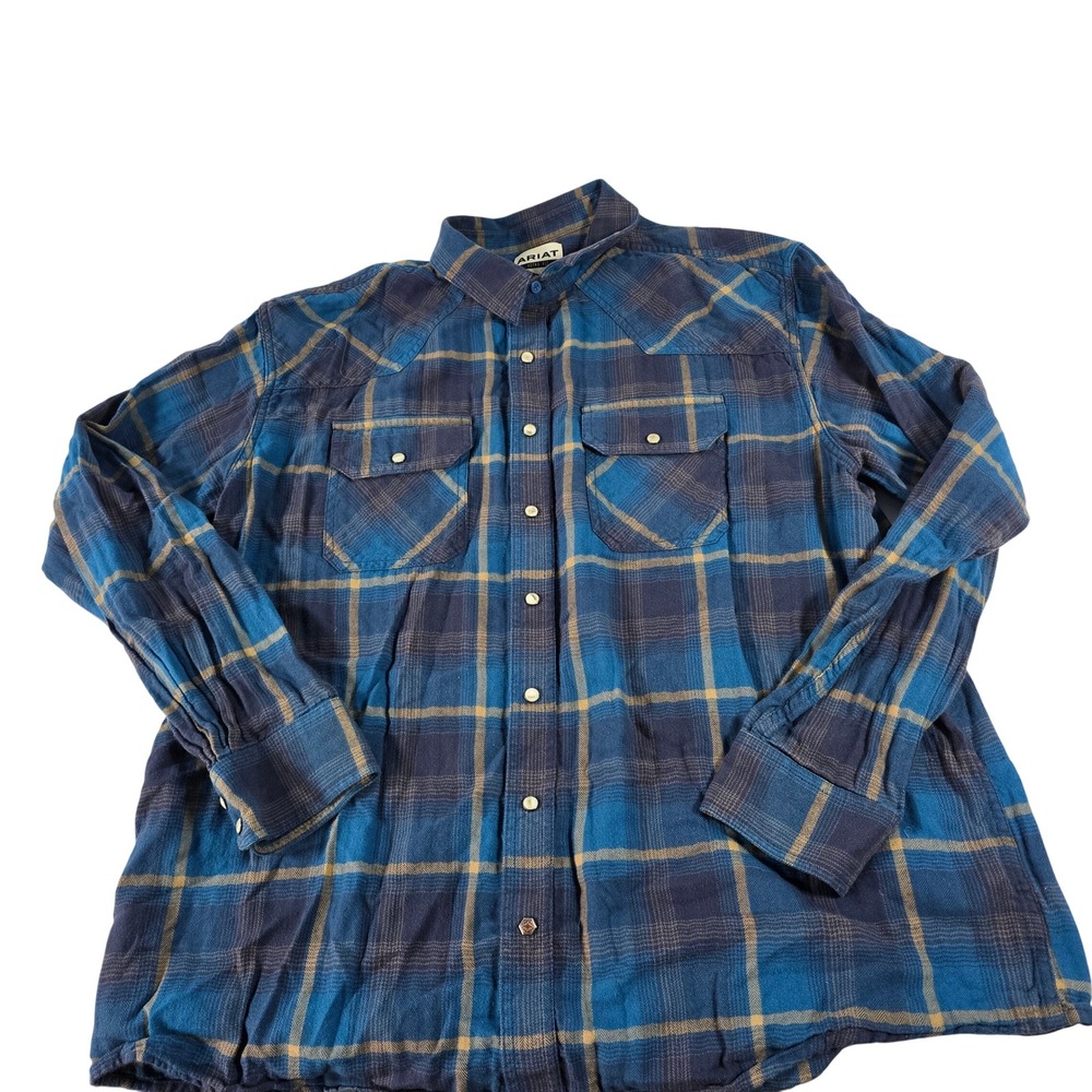Ariat Retro Fit Mens XXL Blue‎ Tan Plaid Western Snap Front Long Sleeve Shirt